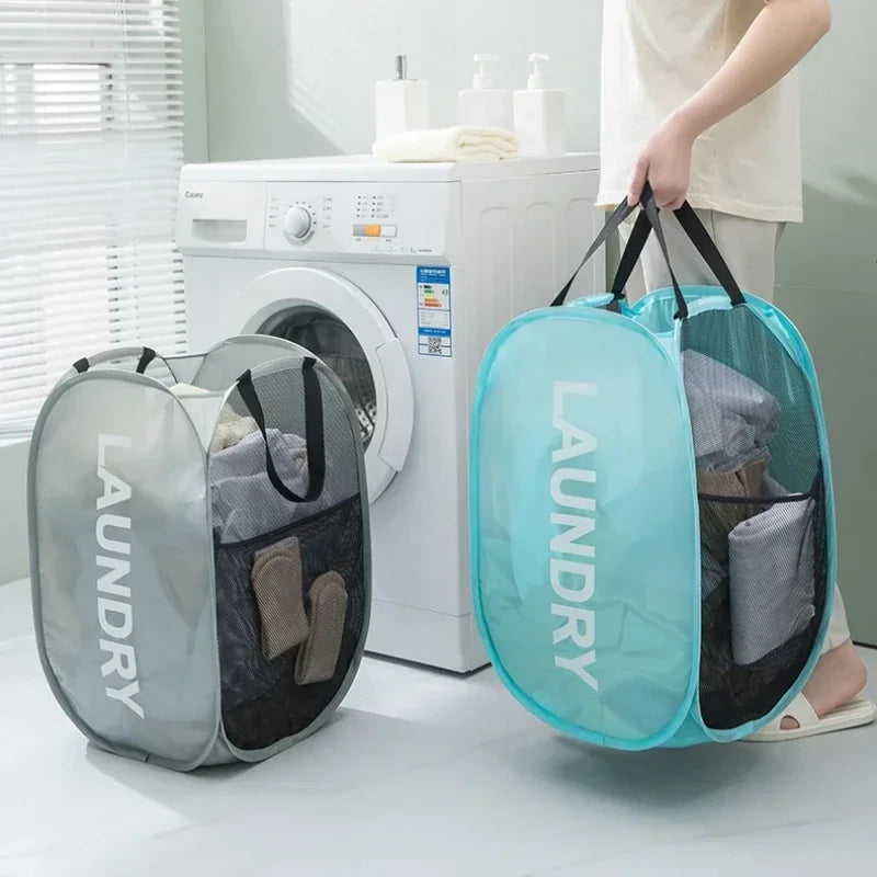 Folding Mesh Laundry Basket with Side Pockets